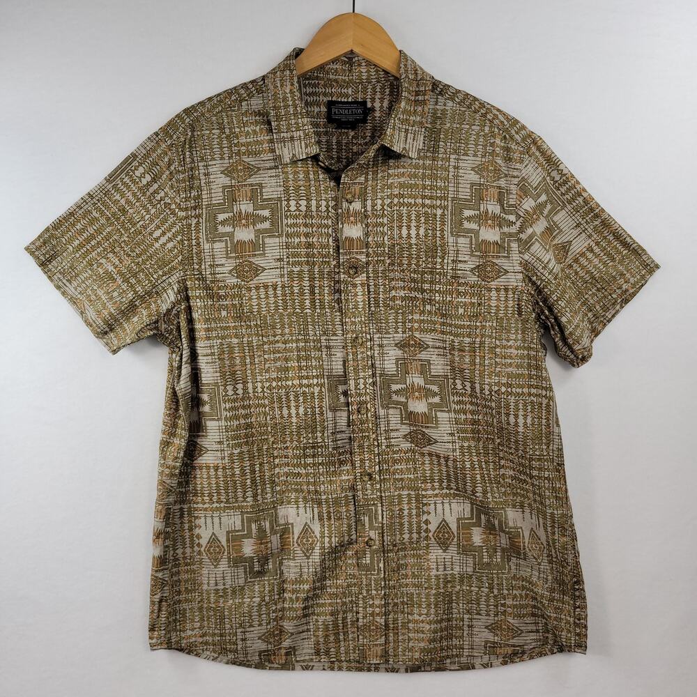 Men's Pendleton Green Tan Button Down Short Sleeve Shirt Size L 100% Cotton
